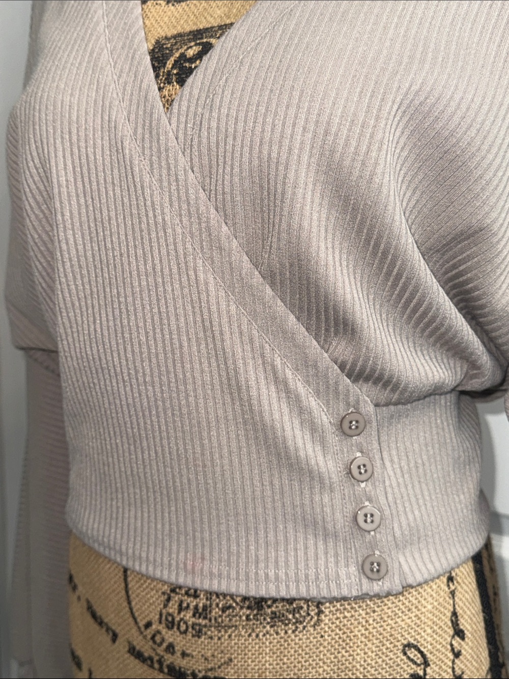 Sugarlips Cropped Ribbed Wrap V-Neck Sweater - Light Taupe - Picture 4 of 5